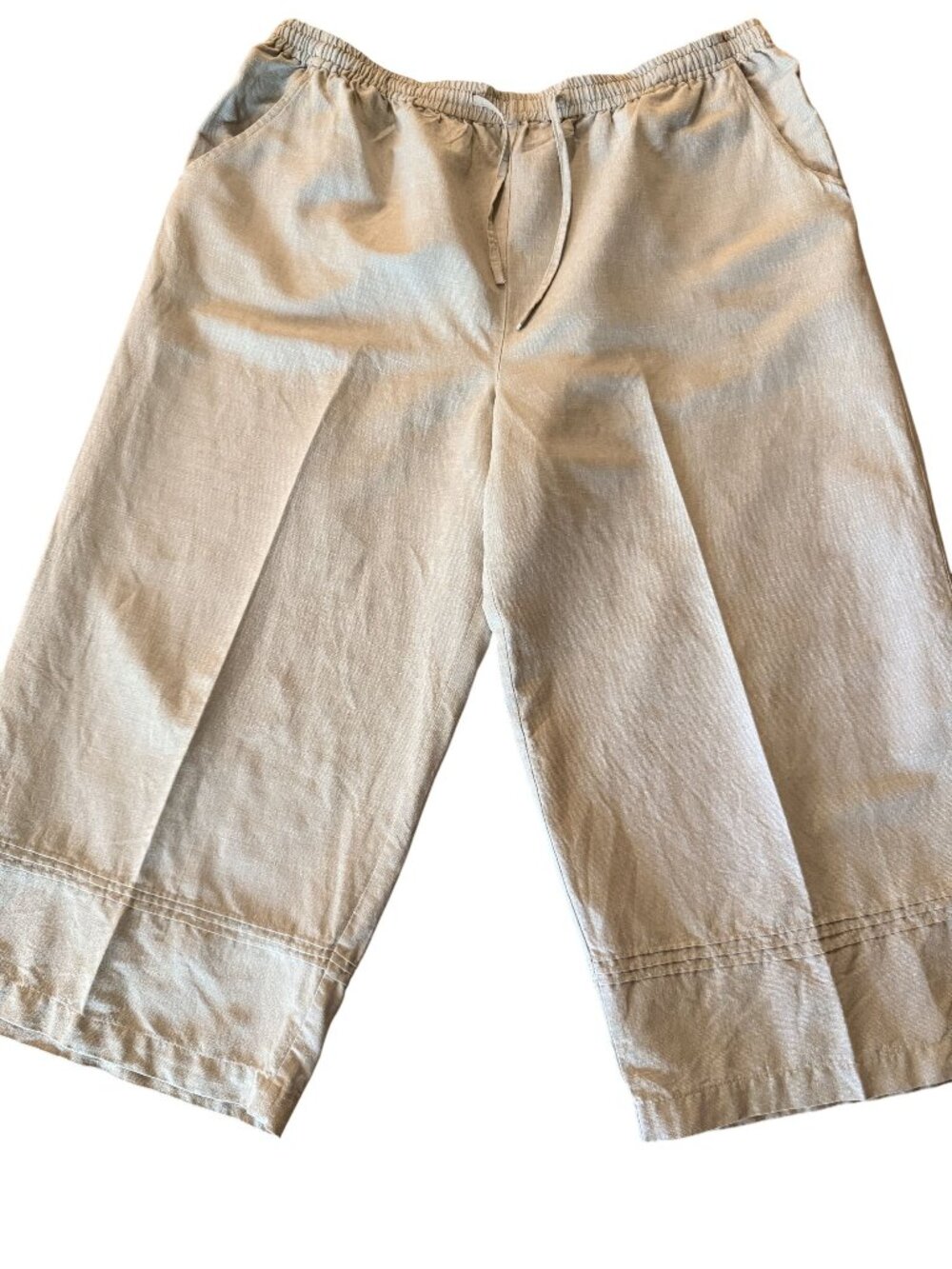 Womens Beige Capri Pants XL Elastic Waist Linen & Silk Blend Detail leg opening